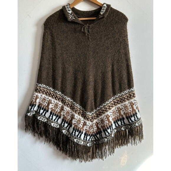 Peruvian Art Brown Hand Knit Poncho Cusquena Alpaca Wool Peru Fringe Faire Isle - Picture 1 of 7